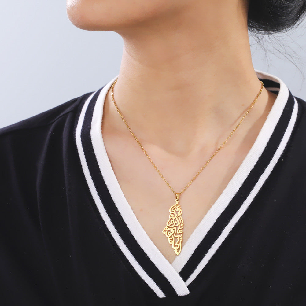 Fashion Stainless Steel Hollow Arabian Palestine Map Pendant Men's Ladies Necklace