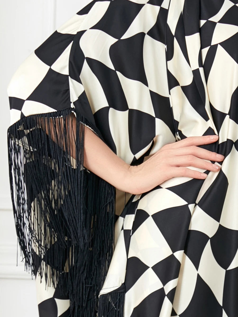 Abaya Tassel Zebra Print Batwing Sleeve Black