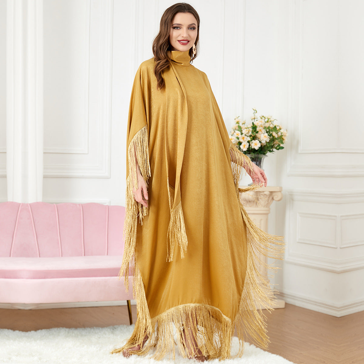 Women Tassel Batwing Sleeve Dress Turtleneck Casual Loose Oversized Irregular Hem Robe Moroccan Caftan Ramadan