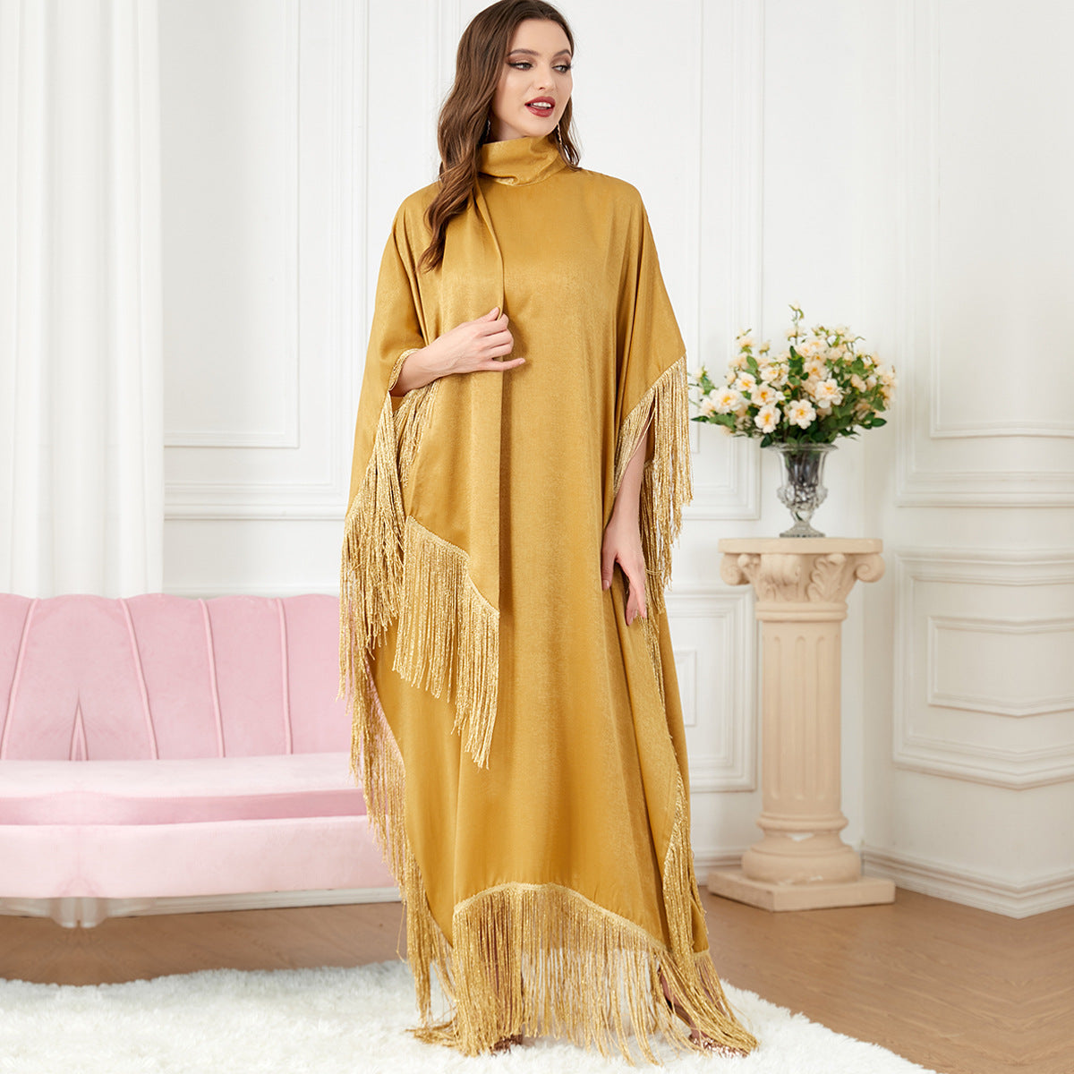 Women Tassel Batwing Sleeve Dress Turtleneck Casual Loose Oversized Irregular Hem Robe Moroccan Caftan Ramadan
