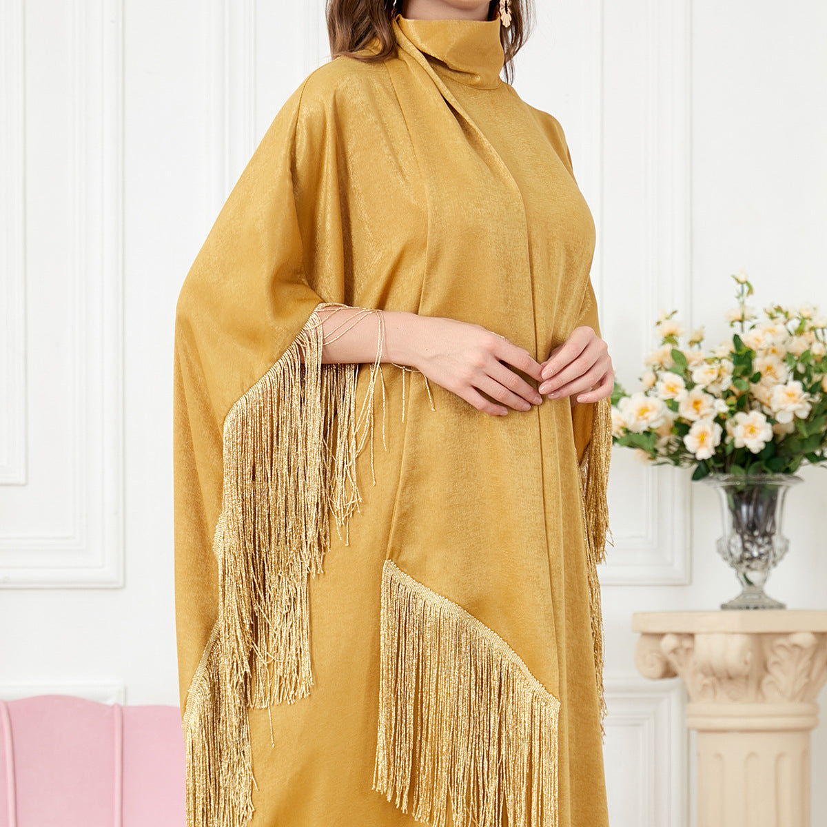 Women Tassel Batwing Sleeve Dress Turtleneck Casual Loose Oversized Irregular Hem Robe Moroccan Caftan Ramadan