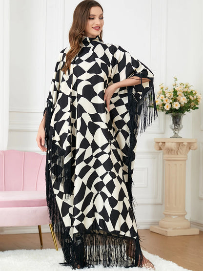 Abaya Muslim Women Fashion Tassel Zebra Print Batwing Sleeve Black Abaya Caftan Marocain Turkey Dress Islam Ramadan