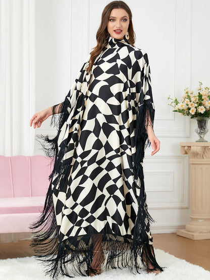 Abaya Muslim Women Fashion Tassel Zebra Print Batwing Sleeve Black Abaya Caftan Marocain Turkey Dress Islam Ramadan