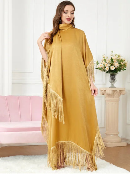 Women Tassel Batwing Sleeve Dress Turtleneck Casual Loose Oversized Irregular Hem Robe Moroccan Caftan Ramadan