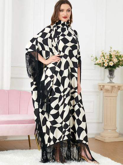 Abaya Muslim Women Fashion Tassel Zebra Print Batwing Sleeve Black Abaya Caftan Marocain Turkey Dress Islam Ramadan