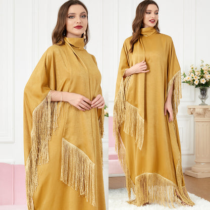 Women Tassel Batwing Sleeve Dress Turtleneck Casual Loose Oversized Irregular Hem Robe Moroccan Caftan Ramadan